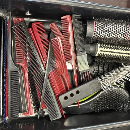 Assorted Brushes & Combs In Black Tray